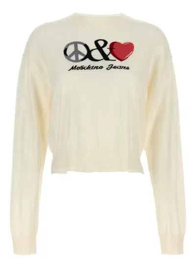 Moschino Jeans Logo Intarsia Crewneck Jumper In White