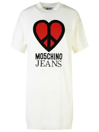 Moschino Jeans Logo Intarsia Crewneck Knitted Dress In White