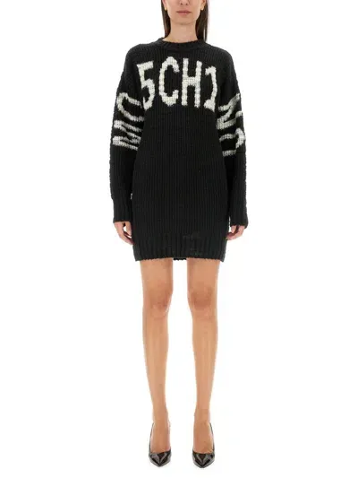 Moschino Jeans Logo Lettering Crewneck Knitted Dress In Black