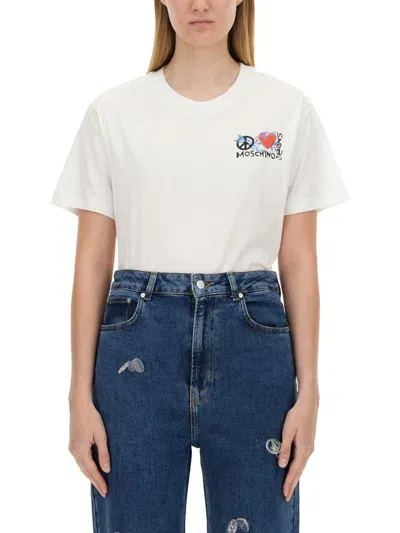 Moschino Jeans Logo Printed Crewneck T In White