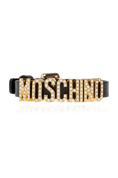 Moschino Leather Bracelet With Logo In Nero