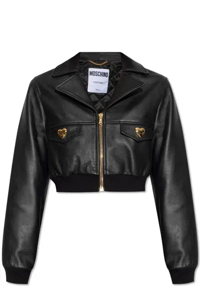 Moschino Heart-buttons Crop Leather Jacket In Black