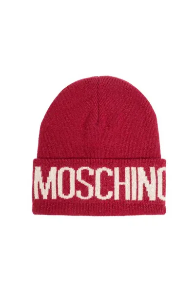 Moschino Logo Detailed Knitted Beanie In Red