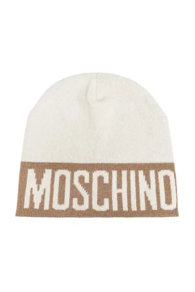 Moschino Logo Intarsia Beanie In Beige