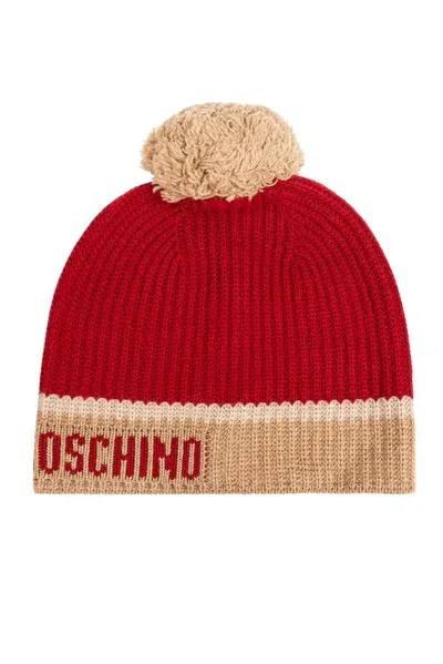 Moschino Logo Intarsia Pompom Beanie In Red