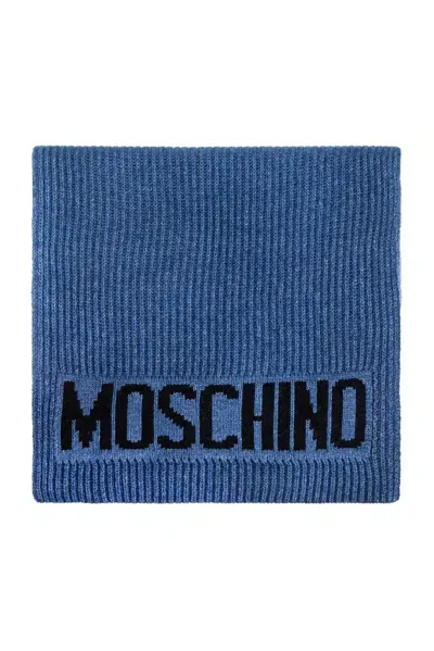 Moschino Logo Intarsia Ribbed Scarf In Blue