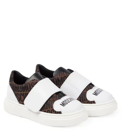 Moschino Kids' Logo Leather-trimmed Sneakers In Black