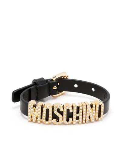 Moschino Logo-lettering Leather Bracelet In Schwarz