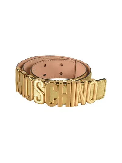 Moschino Logo Lettering Metallic Belt In Gold