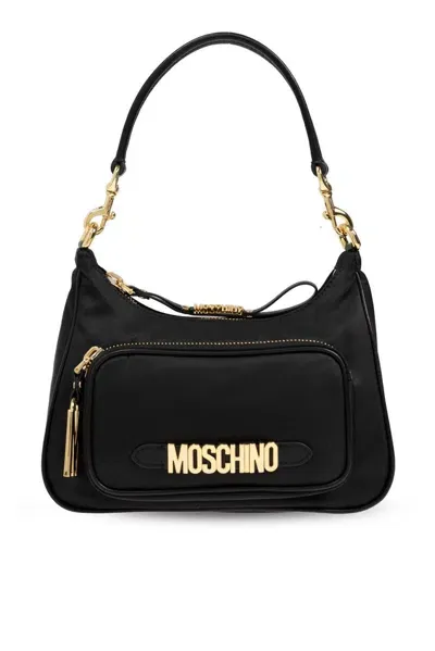 Moschino Logo Lettering Zipped Shoulder Bag In Black