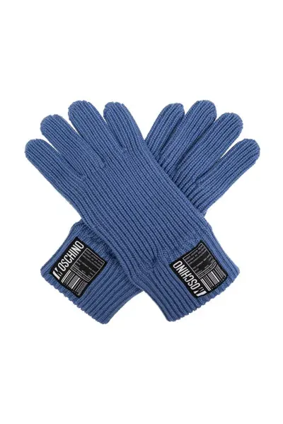 Moschino Logo Patch Knit Gloves In Blue