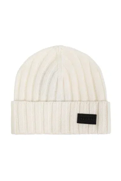 Moschino Logo Patch Knitted Beanie In Beige