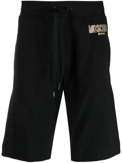 Moschino Logo-print Rhinestone-embellished Track Shorts In Black