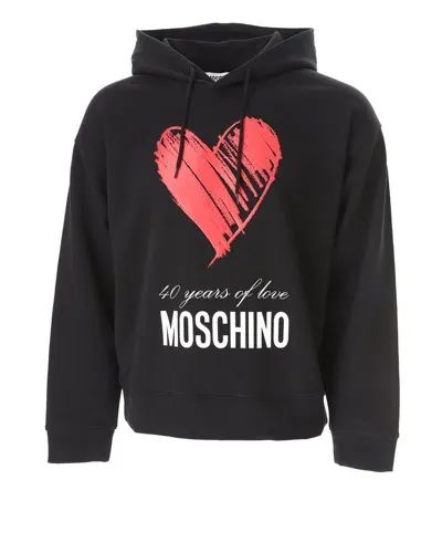 Moschino Logo Printed Drawstring Hooide In Black