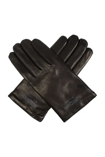 Moschino Logo Printed Full Finger Gloves In Black