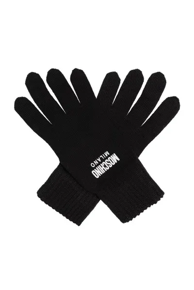 Moschino Logo Printed Knitted Gloves In Black