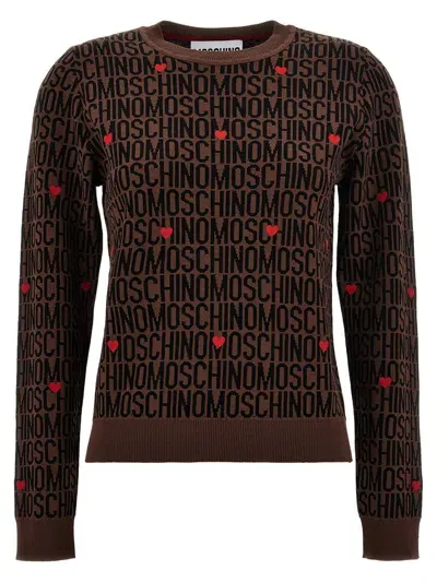 Moschino 'heart Motifs' Crew Neck Sweater In Brown