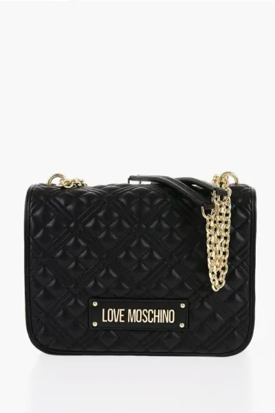 Moschino Love Quilted Faux Leather Shoulder Bag With Golden Logo In Black