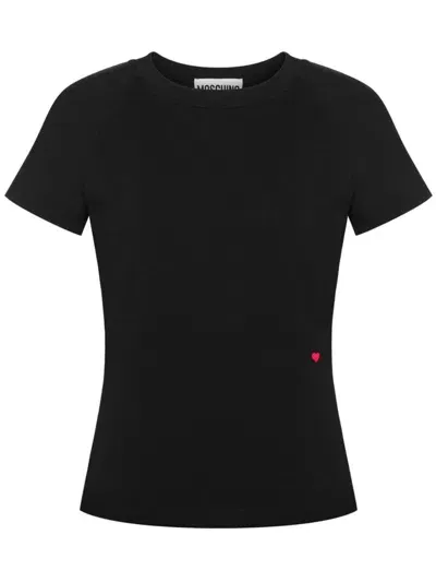 Moschino Heart-embroideired Cotton T-shirt In Black