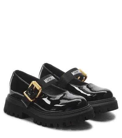 Moschino Kids' Patent Leather Mary Jane Flats In Schwarz