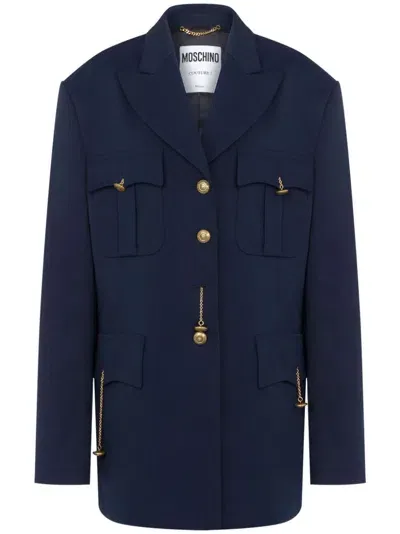 Moschino Peak-lapel Cotton-blend Coat In Blue