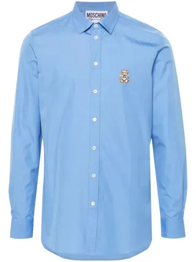 Moschino Teddy Bear-patch Cotton Shirt In Blue