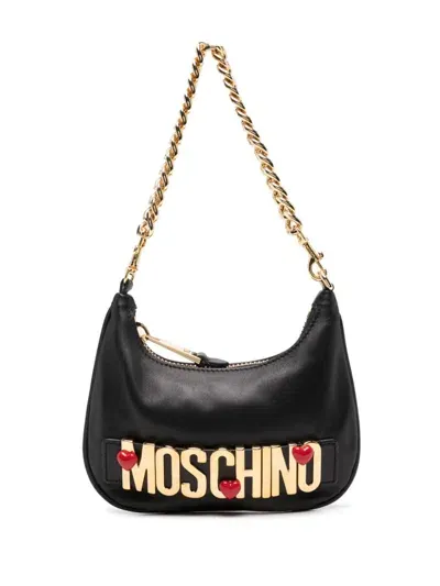 Moschino Logo Leather Shoulder Bag In Black