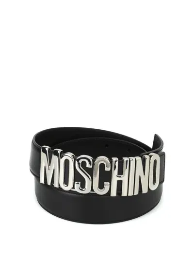 Moschino Silver Logo Buckle Leather Belt In Black