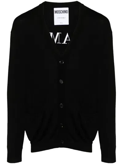 Moschino Slogan-embroidered Cardigan In Black