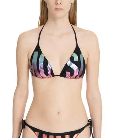 Moschino Logo-printed Rear Tied Halterneck Bikini Top In Black