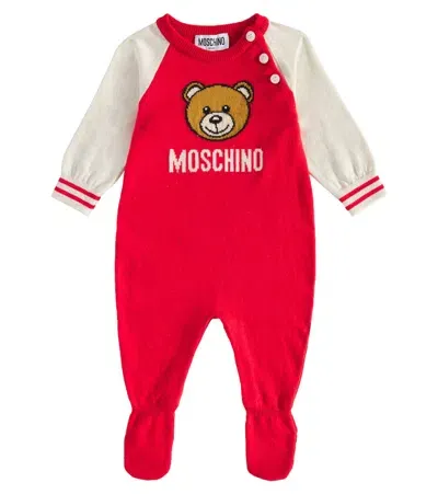 Moschino Babies' Teddy Bear Cotton And Wool Onesie In Red