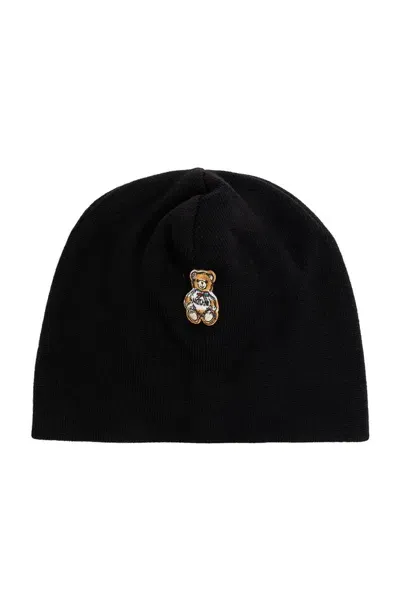 Moschino Teddy Bear Embroidered Beanie In Black