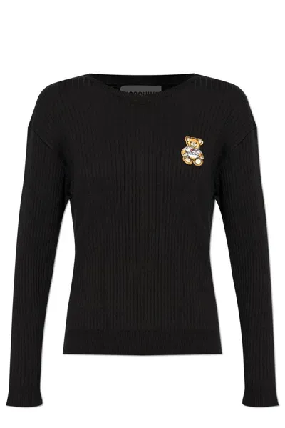 Moschino Teddy Bear Patch Knit Sweater In Black