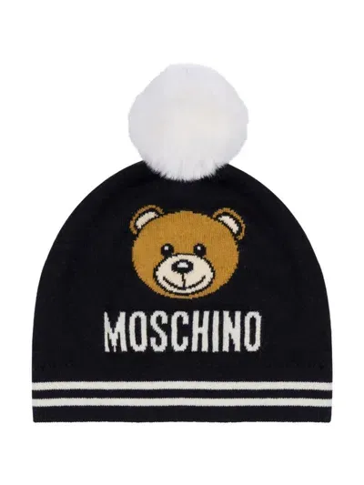 Moschino Kids' Teddy Bear-print Knitted Beanie In Dark Blue