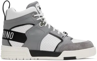 Moschino White & Gray Streetball High-top Sneakers In White/grey