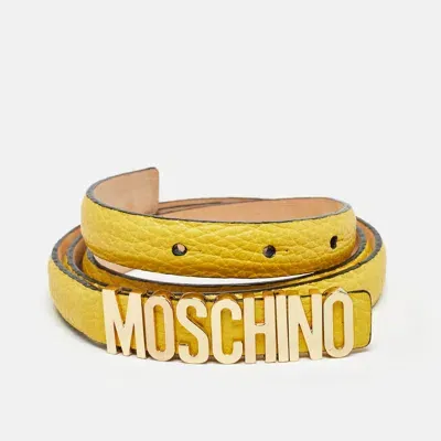 Pre-owned Moschino Yellow Leather Logo Slim Belt 100 Cm