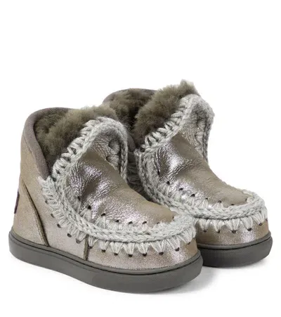 Mou Kids' Shearling-lined Glitter Leather Ankle Boots In Silver