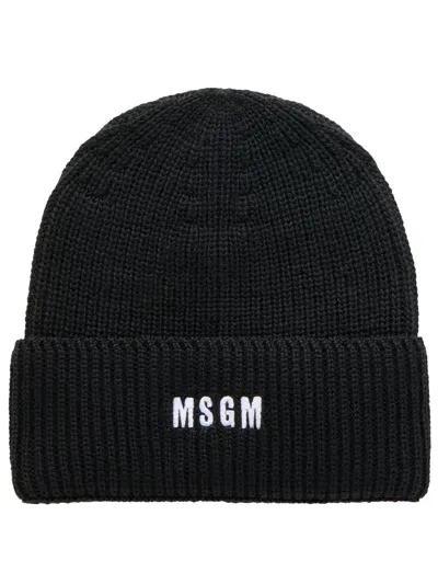 Msgm Black Ribbed Wool Blend Beanie With Logo