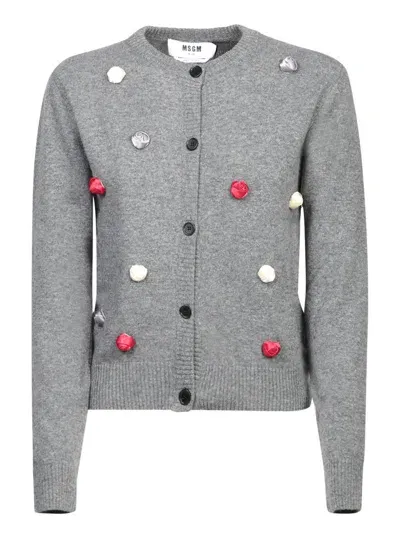 Msgm Grey Wool Cardigan With Applied Roses