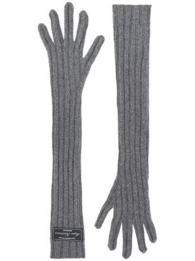 Msgm Logo-patch Ribbed-knit Gloves In Grey