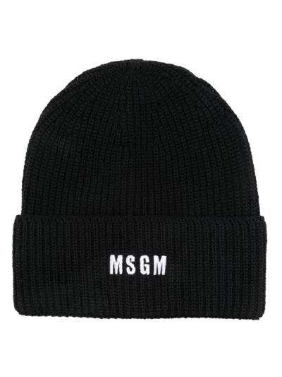 Msgm Logo-embroidered Beanie Hat In Black