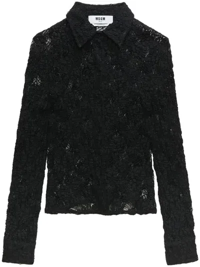 Msgm Floral-lace Button-up Shirt In Black