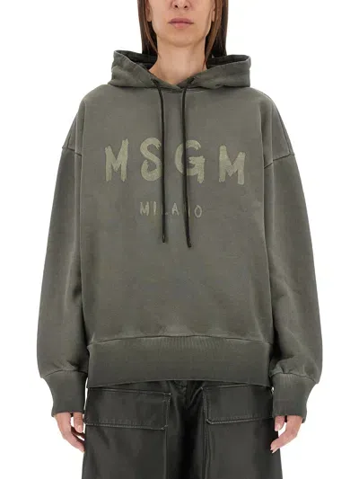 Msgm Logo Printed Jersey Hoodie In Grey