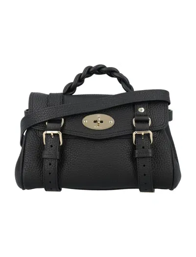 Mulberry Chalk White Mini Alexa Leather Shoulder Bag With Braided Handle And Postman's Lock Closure In Black