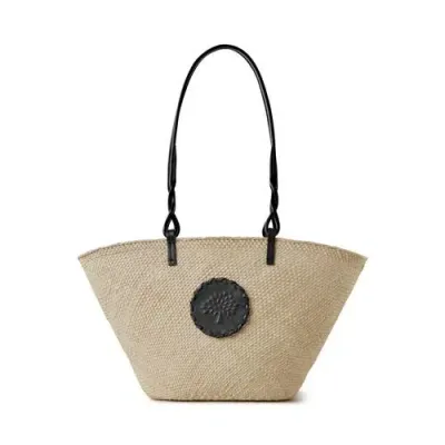 Mulberry Raffia Basket Tote In Natural-black