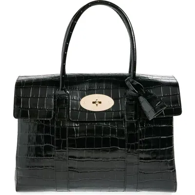 Mulberry Small Bayswater Shiny Croc Embossed Leather Satchel In Black