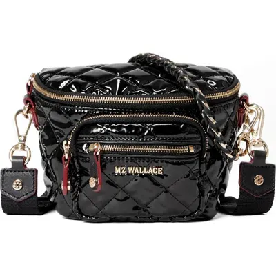 Mz Wallace Micro Crosby Quilted Nylon Sling Bag In Black Lacquer/gold