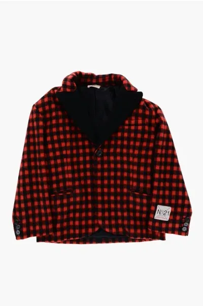 N°21 Kids' Buffalo Check Wool Blend Coat In Red