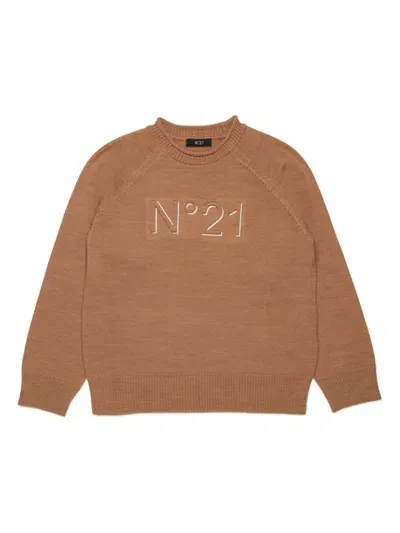 N°21 Kids' Logo-embossed Wool-blend Jumper In 棕色