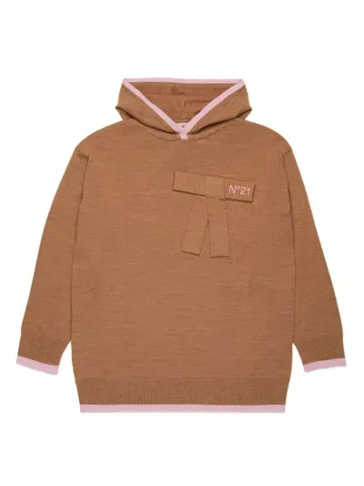 N°21 Kids' Logo-embroidered Knitted Hoodie In Brown